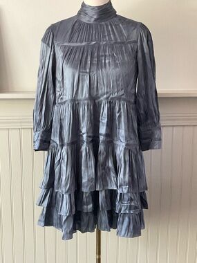 Cinq à Sept Iridescent Riva Dress Slate Tiered Ruffle High Neck Mini Size 4 NWT